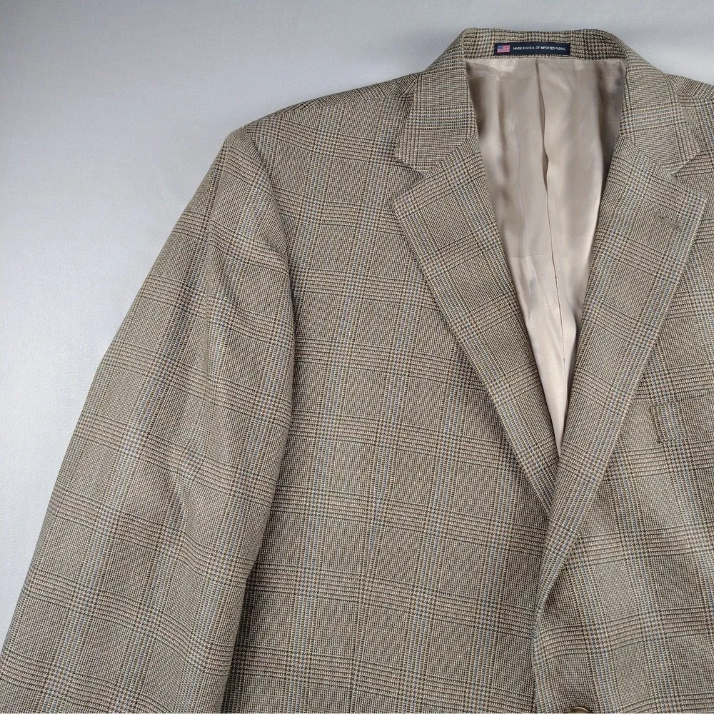 Hart Schaffner Marx 50L Sport Coat Blazer Glen Plaid Check USA Made Tan Brown